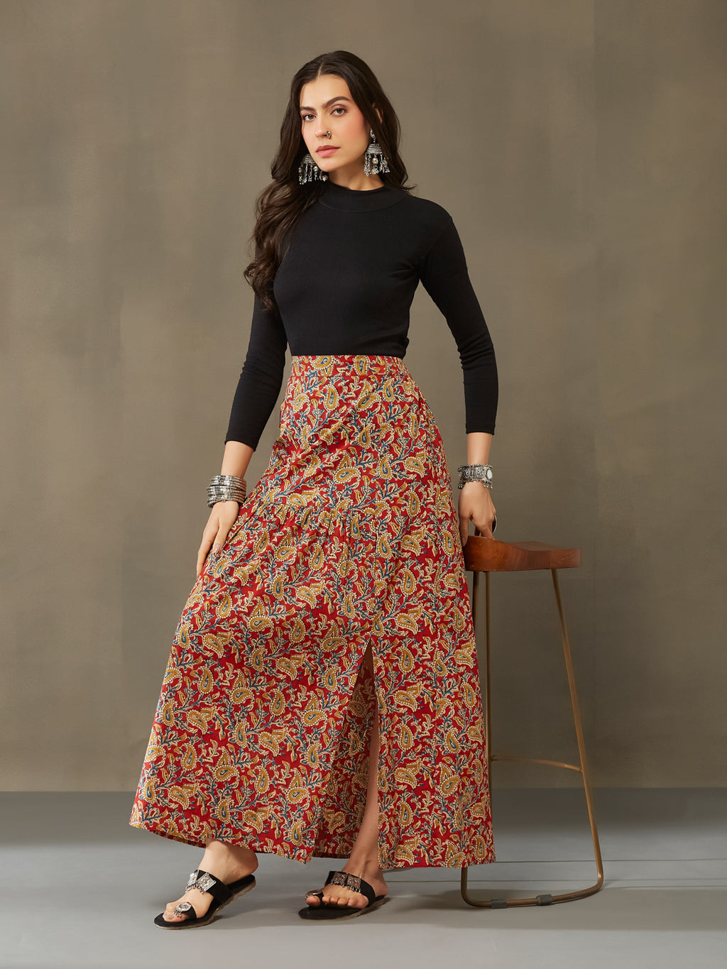 VASVI Cotton Kalamkari Printed Side Slit Skirt, Red