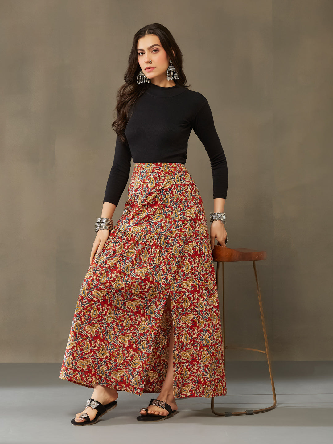 VASVI Cotton Kalamkari Printed Side Slit Skirt, Red
