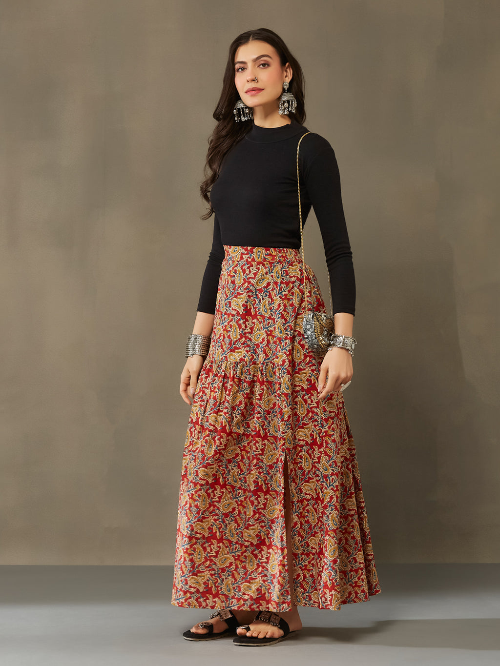 VASVI Cotton Kalamkari Printed Side Slit Skirt, Red