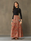VASVI Cotton Kalamkari Printed Side Slit Skirt, Red