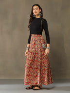 VASVI Cotton Kalamkari Printed Side Slit Skirt, Red