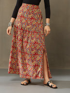 VASVI Cotton Kalamkari Printed Side Slit Skirt, Red