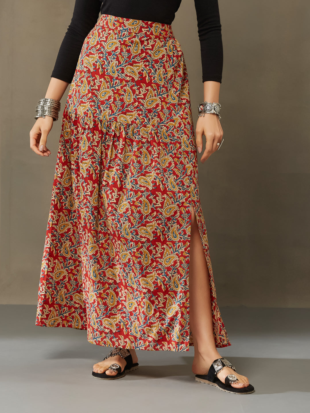 VASVI Cotton Kalamkari Printed Side Slit Skirt, Red