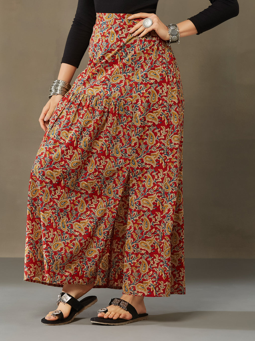 VASVI Cotton Kalamkari Printed Side Slit Skirt, Red