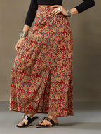 VASVI Cotton Kalamkari Printed Side Slit Skirt, Red