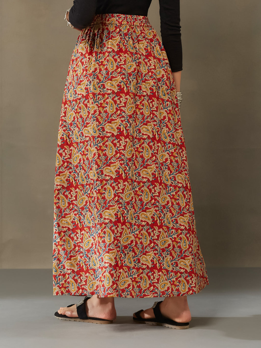 VASVI Cotton Kalamkari Printed Side Slit Skirt, Red