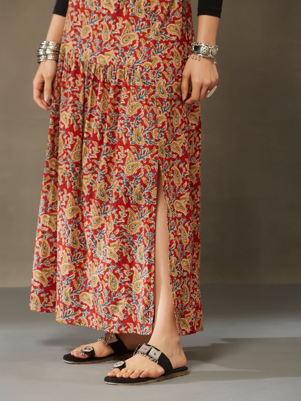 VASVI Cotton Kalamkari Printed Side Slit Skirt, Red