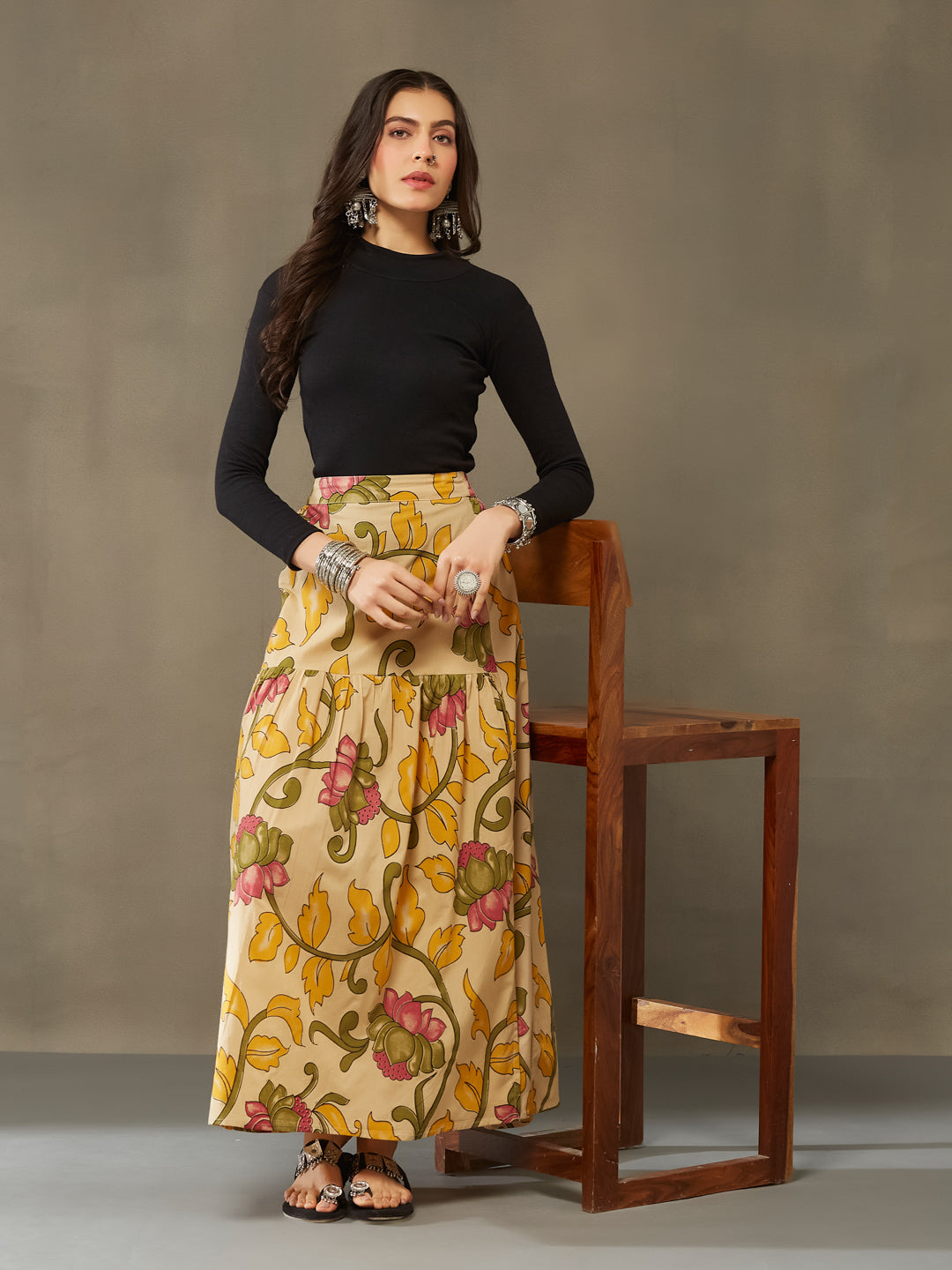 VASVI Cotton Printed A-line Side Slit Skirt, Yellow