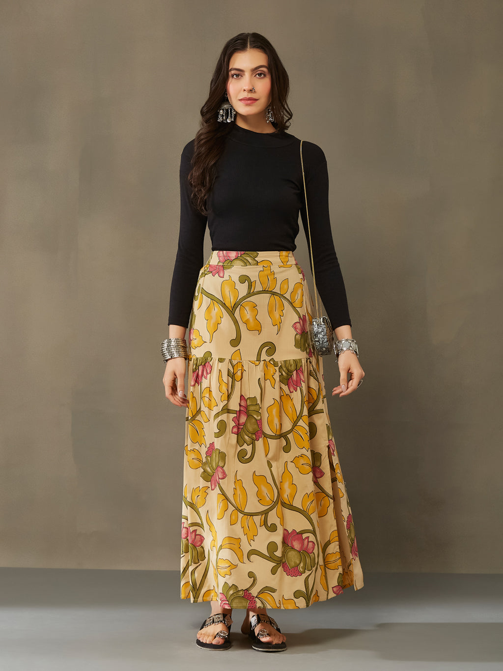VASVI Cotton Printed A-line Side Slit Skirt, Yellow