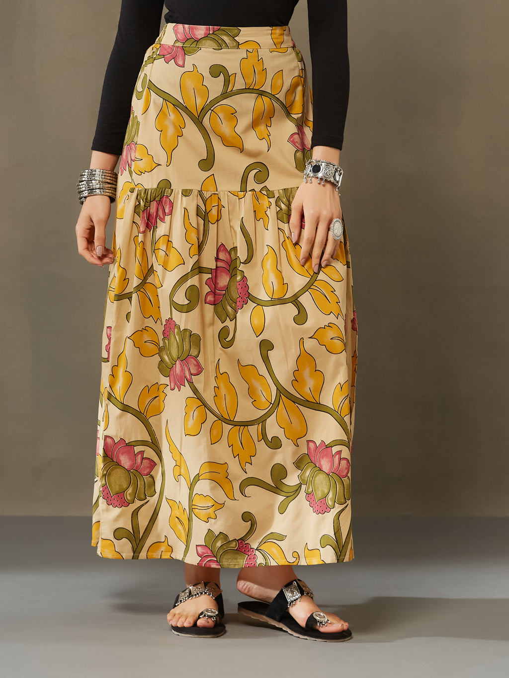 VASVI Cotton Printed A-line Side Slit Skirt, Yellow