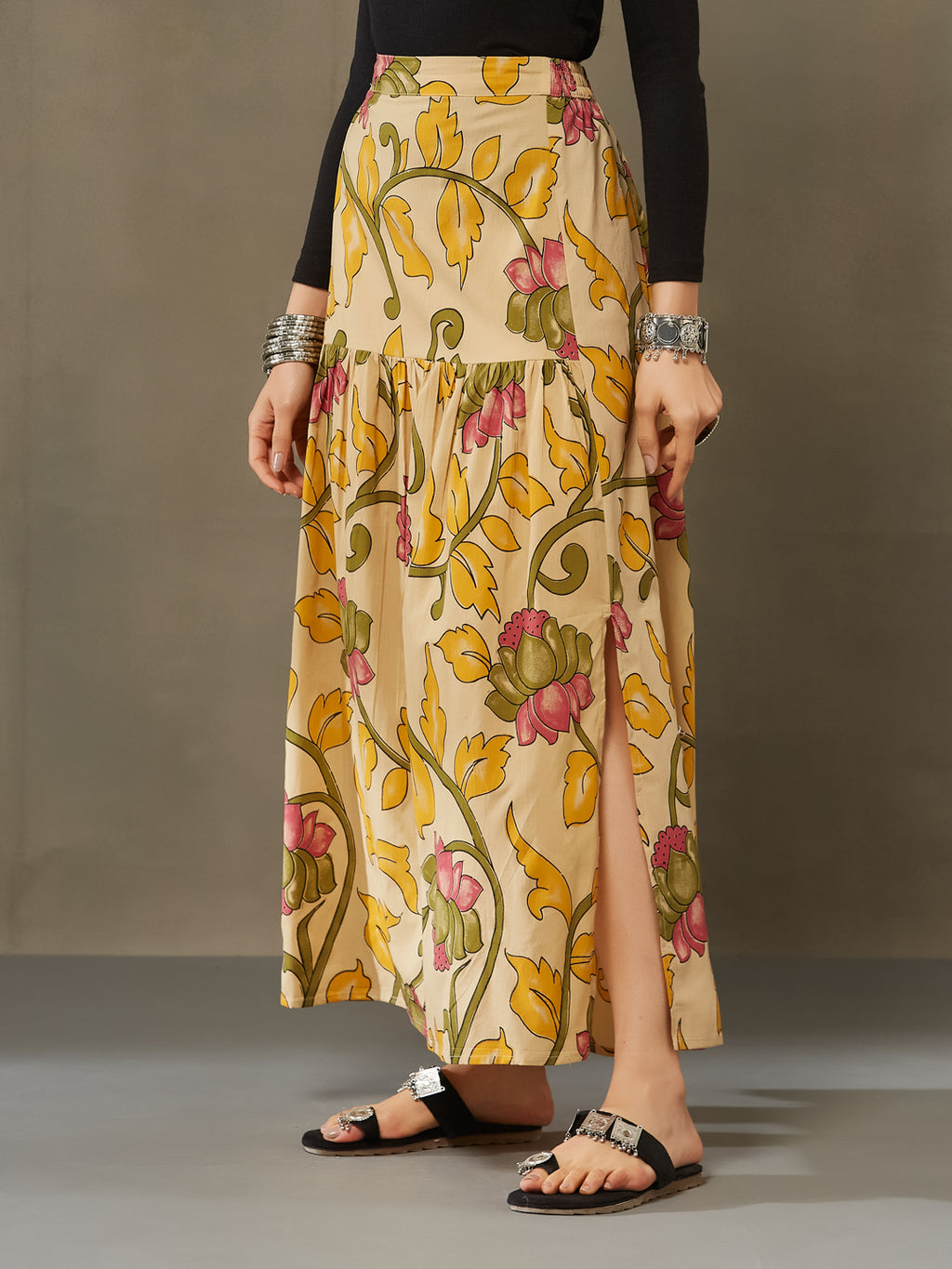 VASVI Cotton Printed A-line Side Slit Skirt, Yellow