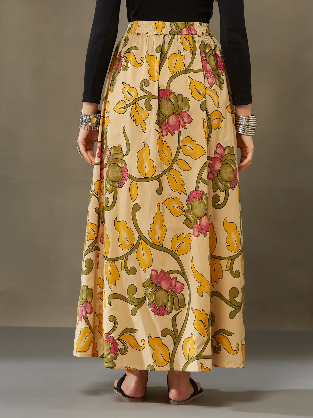 VASVI Cotton Printed A-line Side Slit Skirt, Yellow