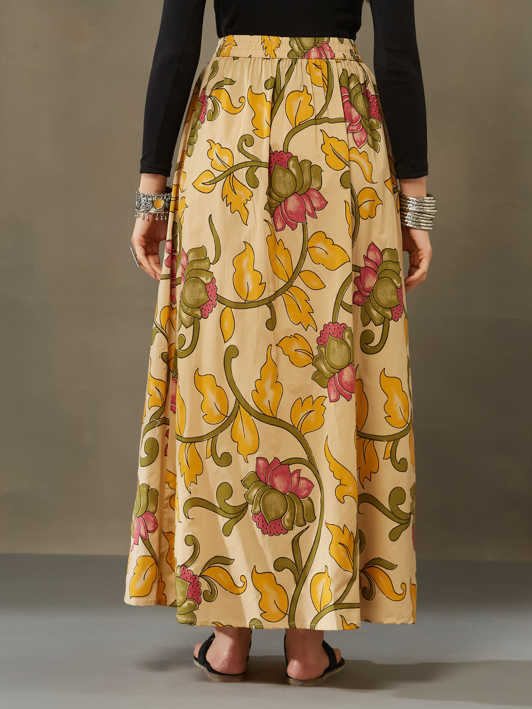 VASVI Cotton Printed A-line Side Slit Skirt, Yellow