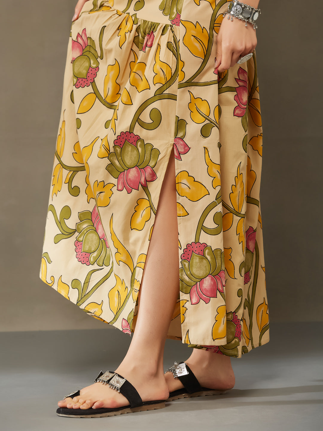 VASVI Cotton Printed A-line Side Slit Skirt, Yellow