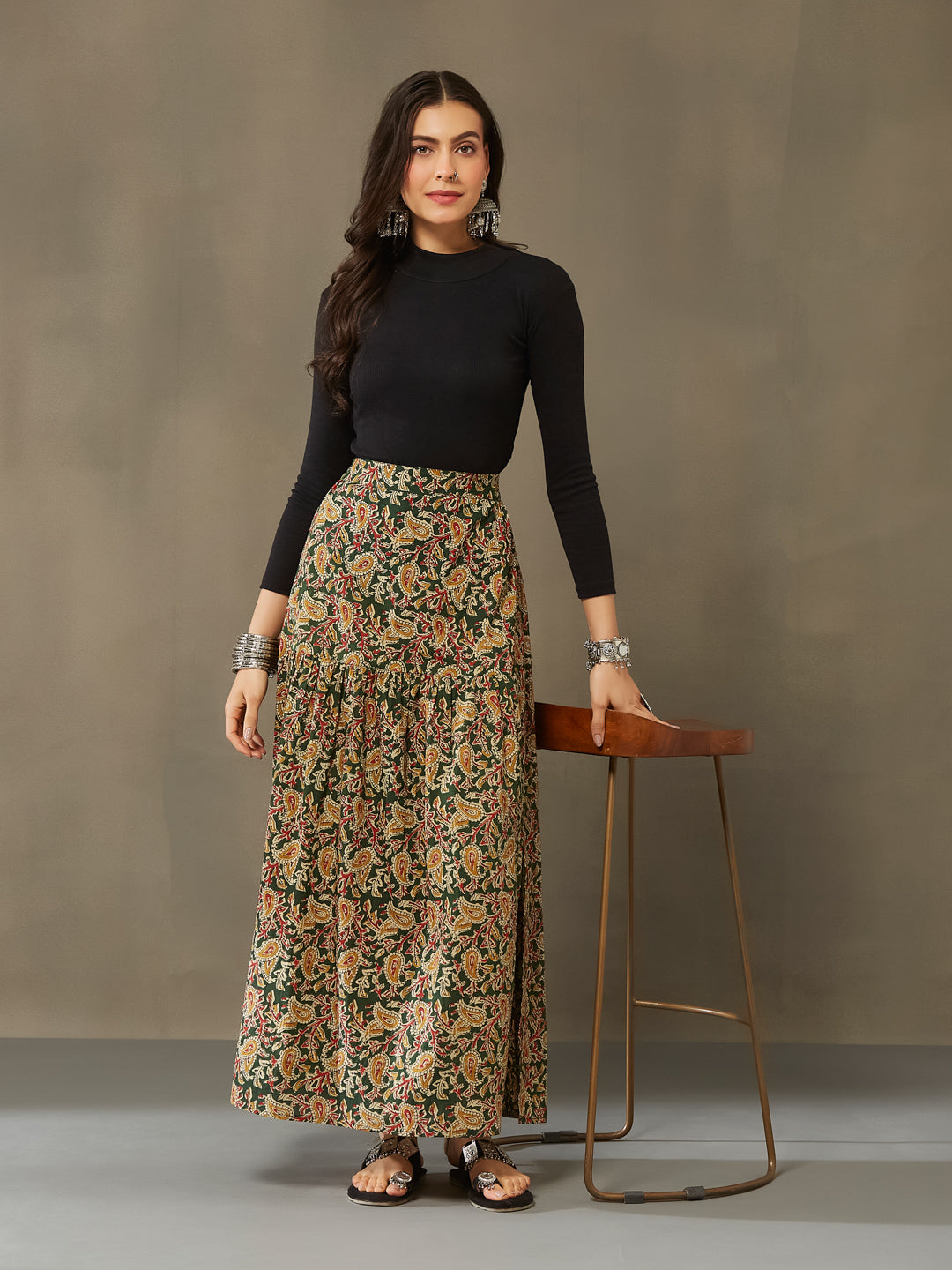 VASVI Cotton Kalamkari Printed Side Slit Skirt, Green