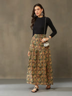 VASVI Cotton Kalamkari Printed Side Slit Skirt, Green