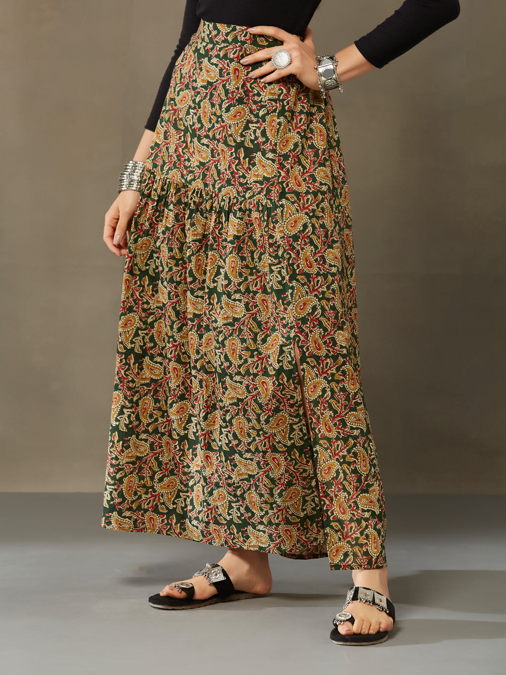 VASVI Cotton Kalamkari Printed Side Slit Skirt, Green