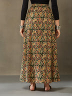 VASVI Cotton Kalamkari Printed Side Slit Skirt, Green