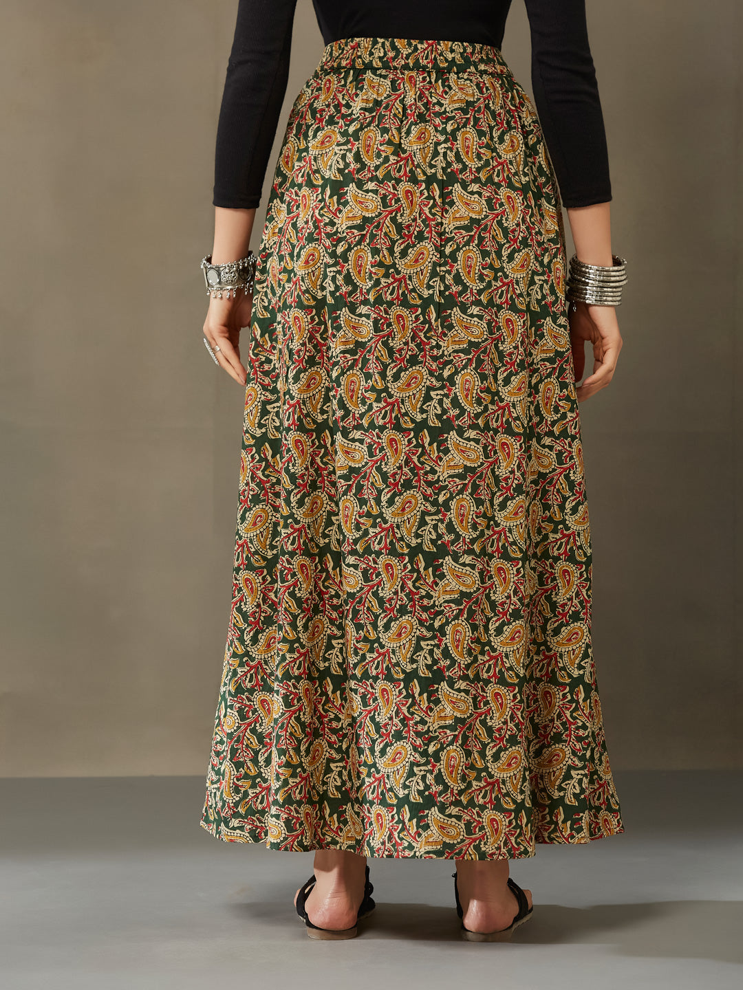 VASVI Cotton Kalamkari Printed Side Slit Skirt, Green