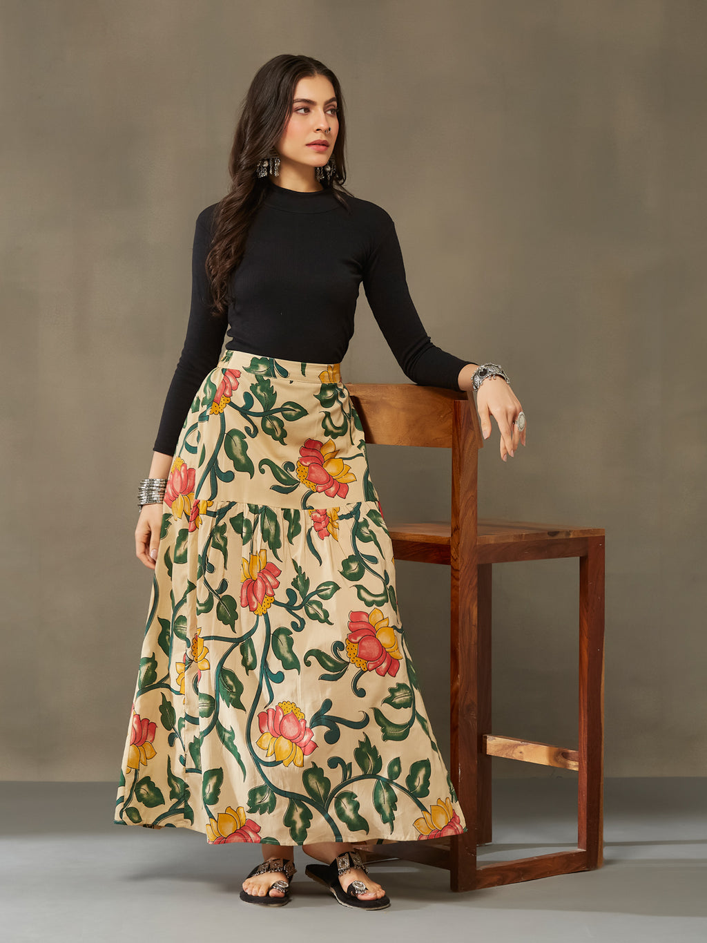 VASVI Cotton Printed A-line Side Slit Skirt, Dark Green