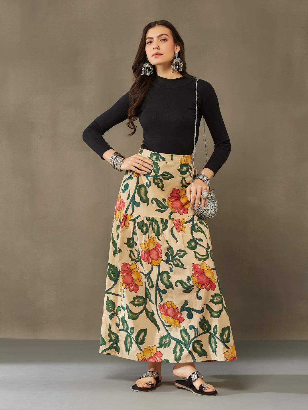 VASVI Cotton Printed A-line Side Slit Skirt, Dark Green