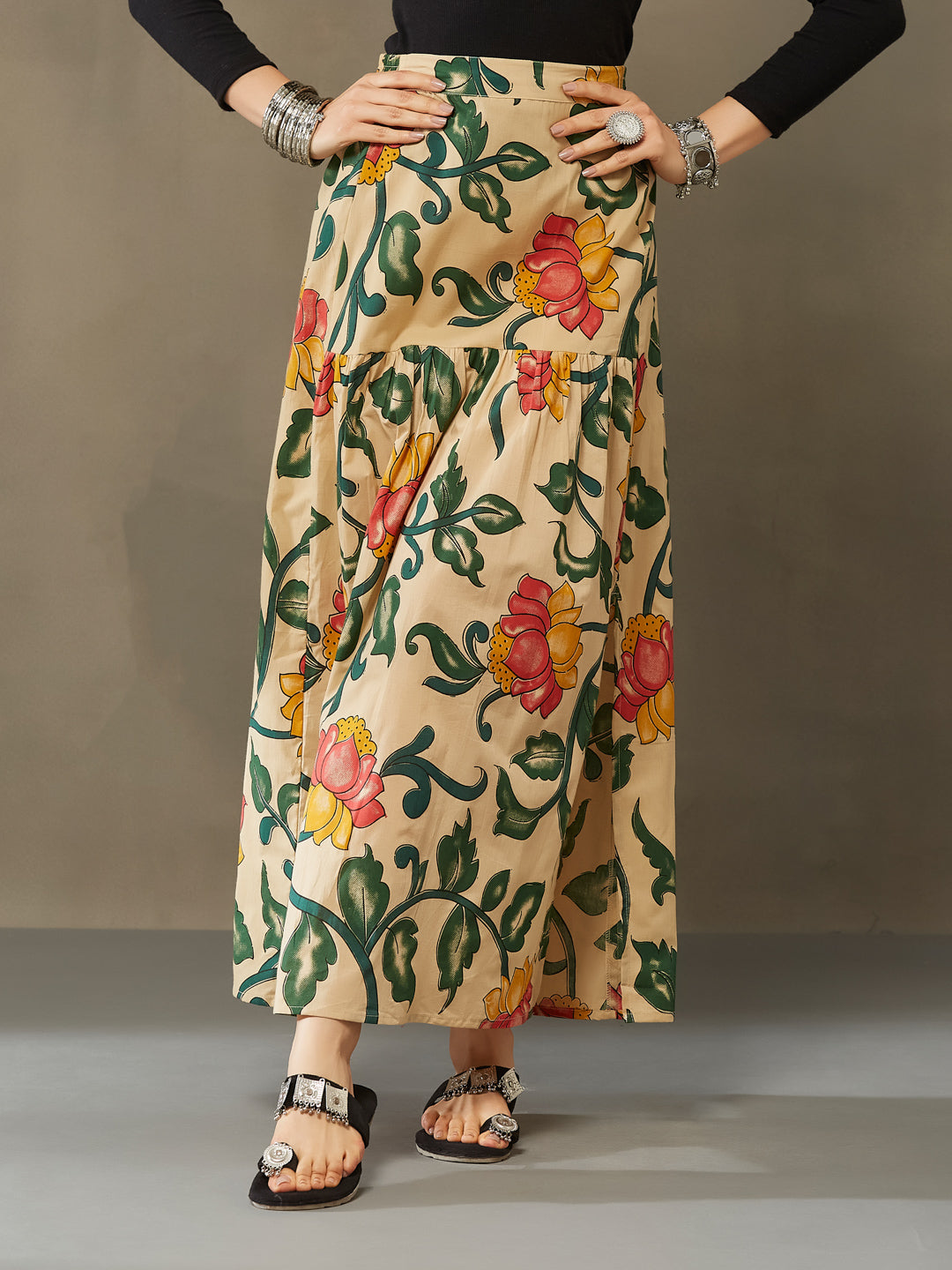 VASVI Cotton Printed A-line Side Slit Skirt, Dark Green