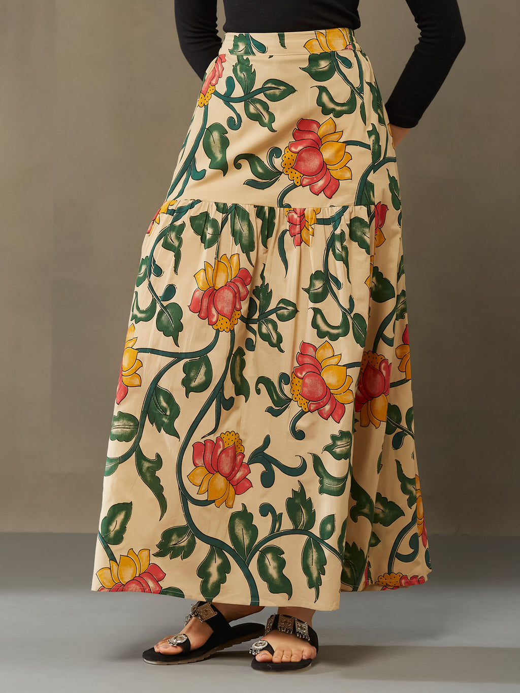 VASVI Cotton Printed A-line Side Slit Skirt, Dark Green