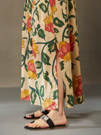 VASVI Cotton Printed A-line Side Slit Skirt, Dark Green