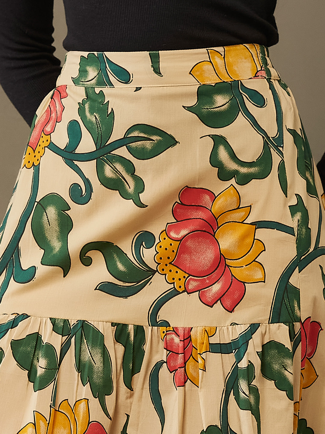 VASVI Cotton Printed A-line Side Slit Skirt, Dark Green