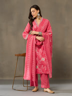 VASVI Cotton Embroidered Neckline Straight Kurta Pant with Dupatta, Pink