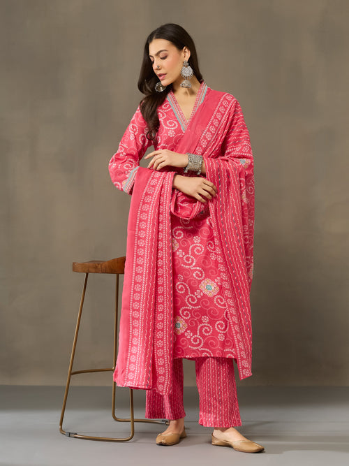 VASVI Cotton Embroidered Neckline Straight Kurta Pant with Dupatta, Pink