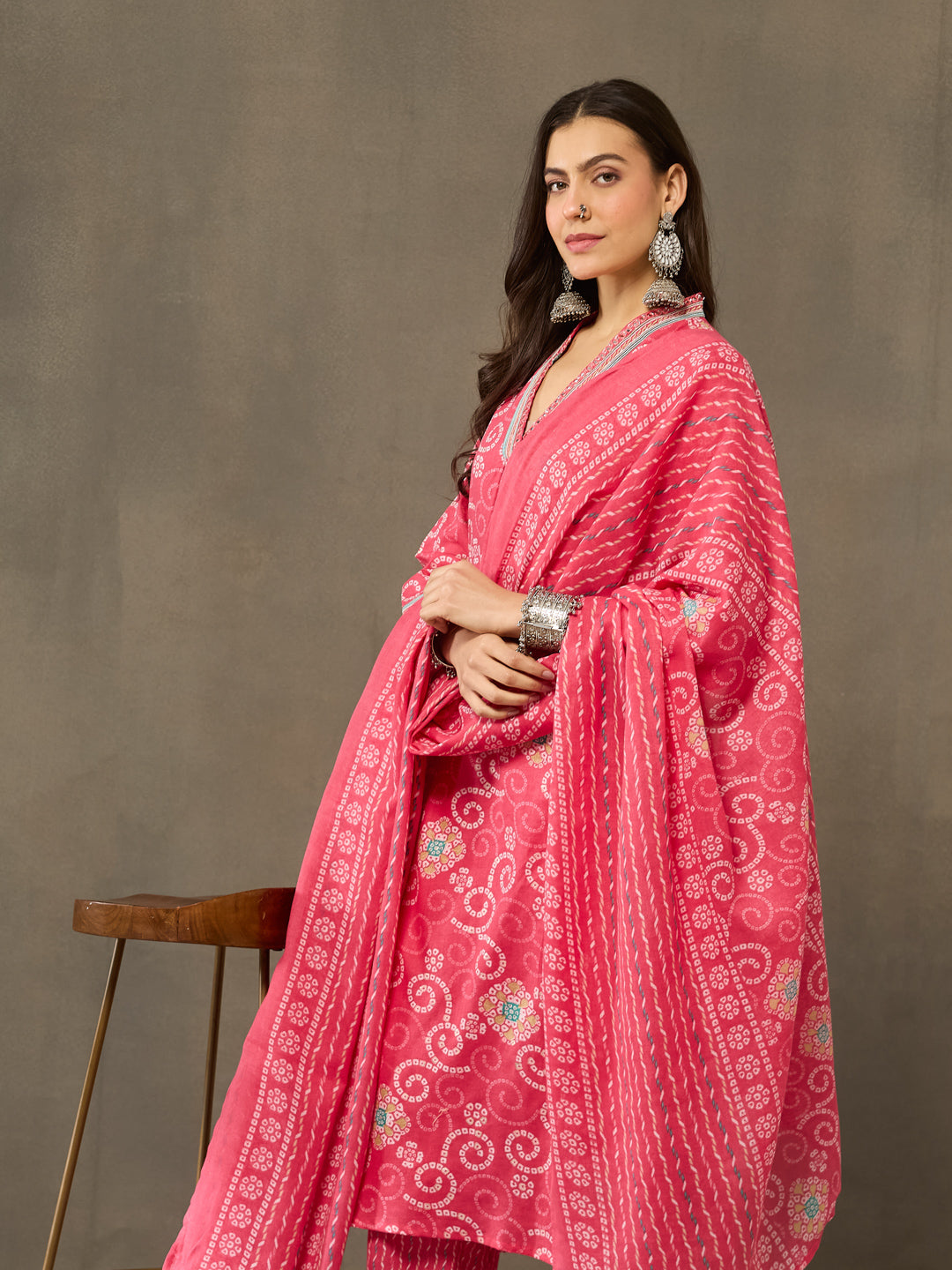 VASVI Cotton Embroidered Neckline Straight Kurta Pant with Dupatta, Pink