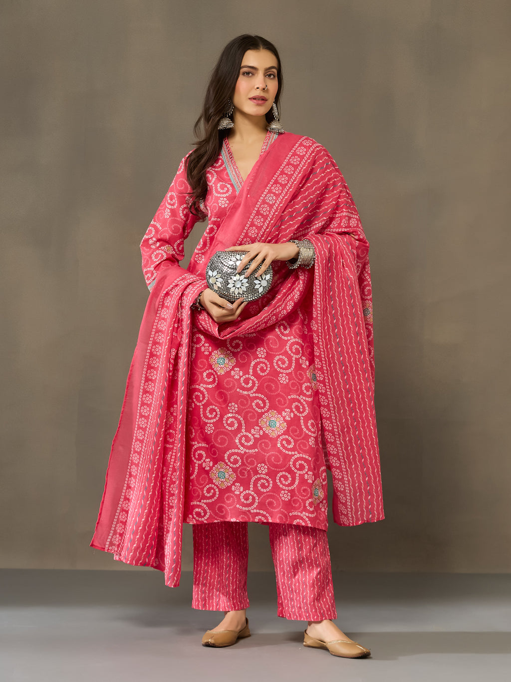 VASVI Cotton Embroidered Neckline Straight Kurta Pant with Dupatta, Pink