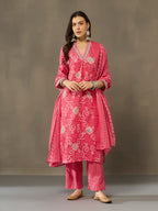 VASVI Cotton Embroidered Neckline Straight Kurta Pant with Dupatta, Pink