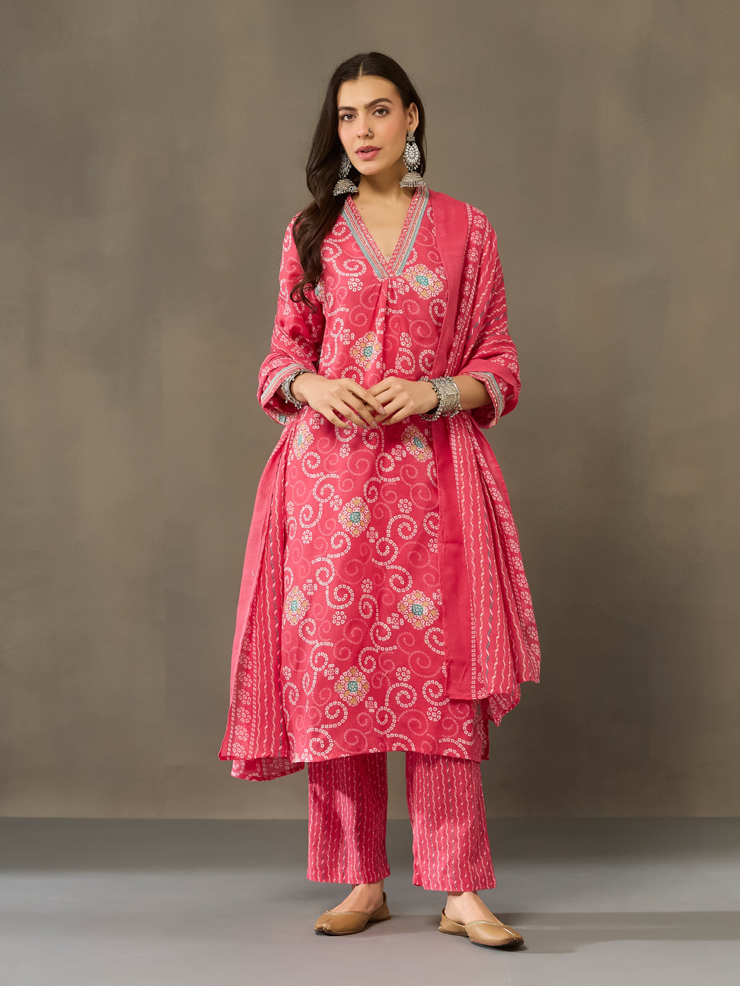 VASVI Cotton Embroidered Neckline Straight Kurta Pant with Dupatta, Pink