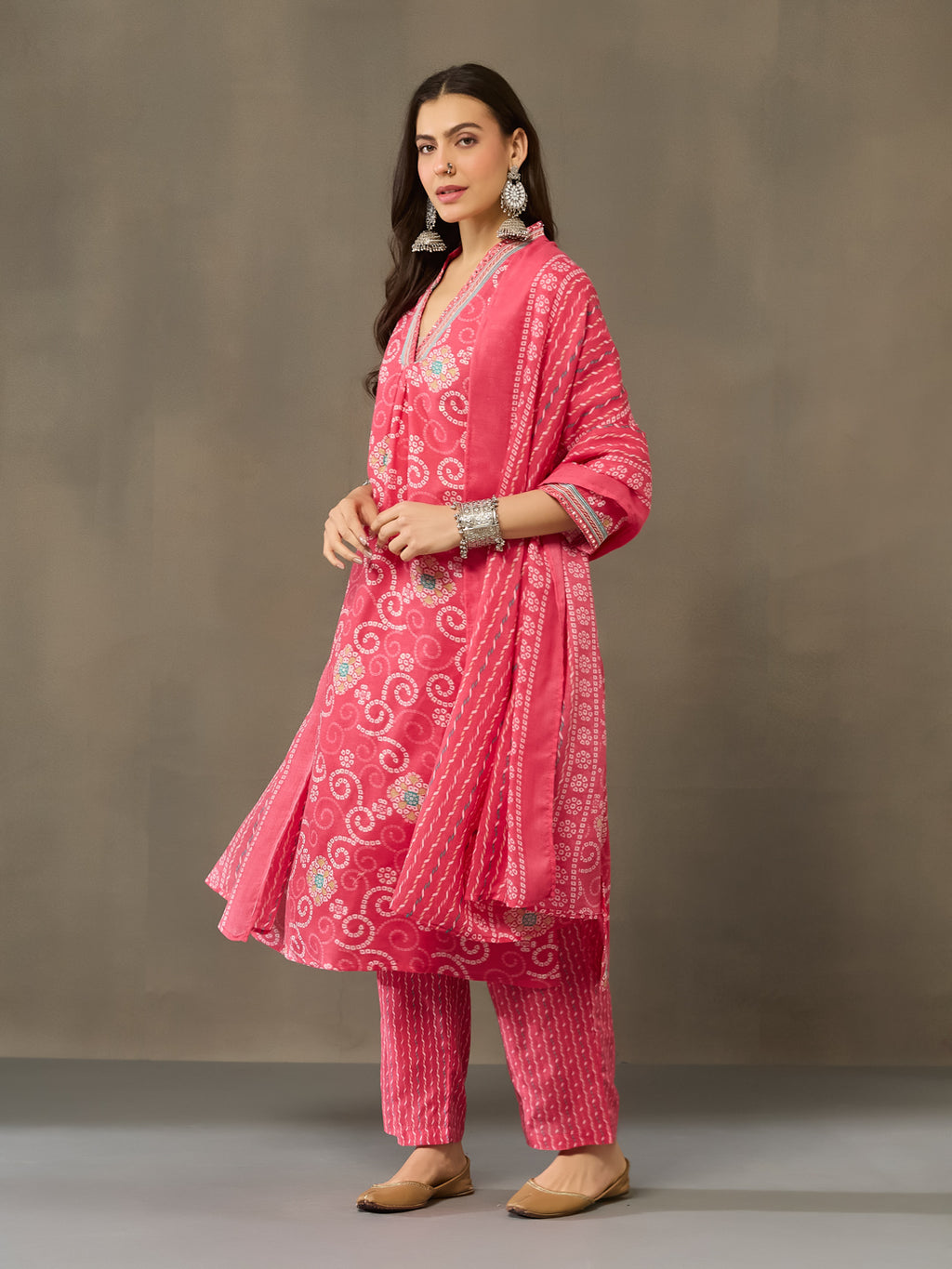 VASVI Cotton Embroidered Neckline Straight Kurta Pant with Dupatta, Pink