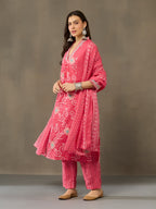 VASVI Cotton Embroidered Neckline Straight Kurta Pant with Dupatta, Pink