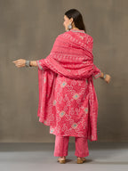 VASVI Cotton Embroidered Neckline Straight Kurta Pant with Dupatta, Pink