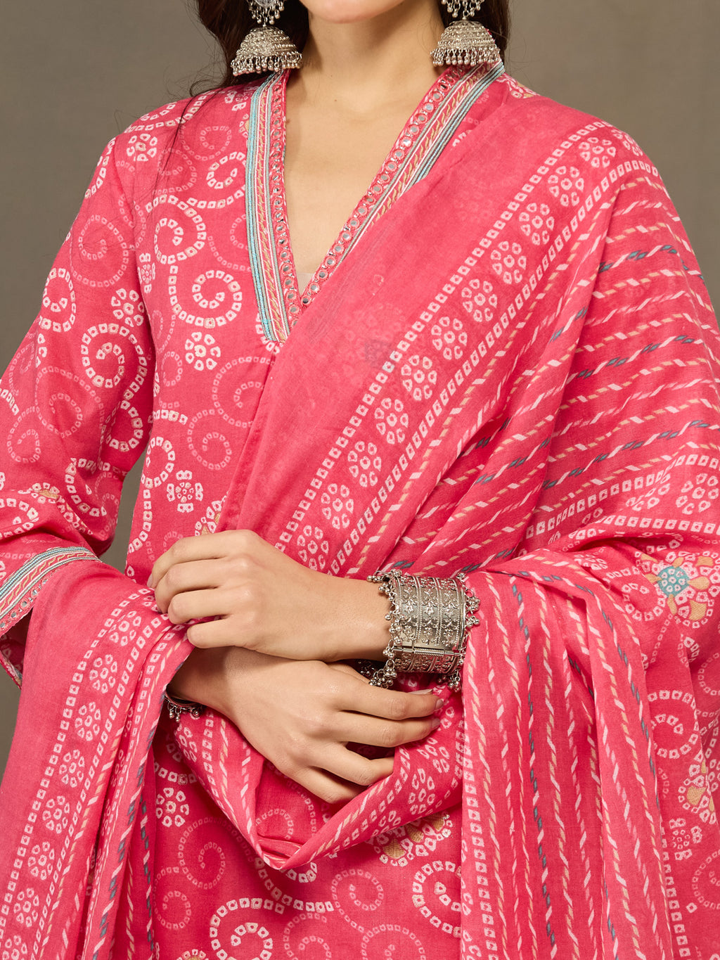VASVI Cotton Embroidered Neckline Straight Kurta Pant with Dupatta, Pink