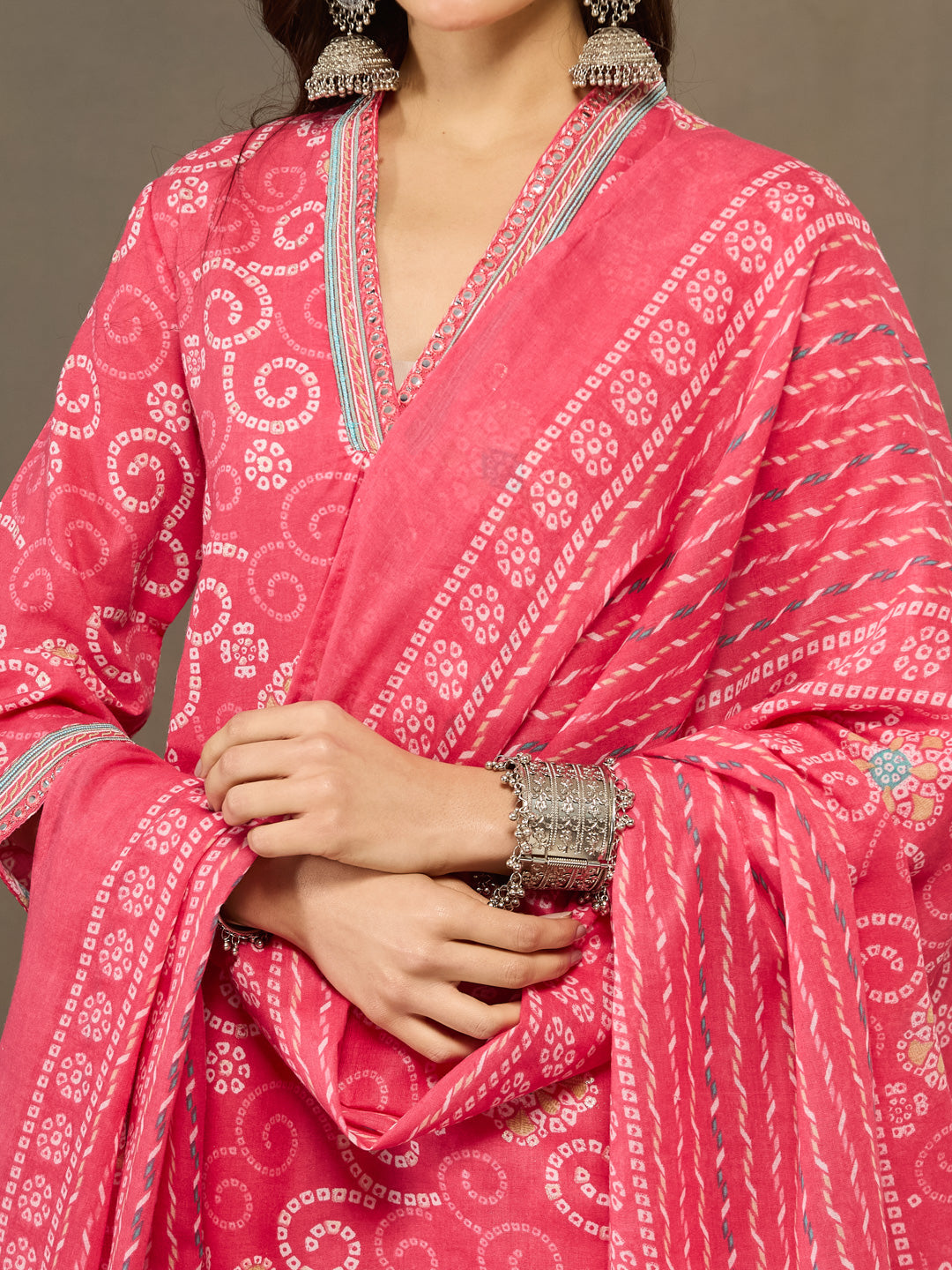 VASVI Cotton Embroidered Neckline Straight Kurta Pant with Dupatta, Pink
