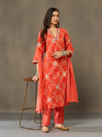 VASVI Cotton Printed Embroidered Neckline Straight Kurta Pant with Dupatta, Orange