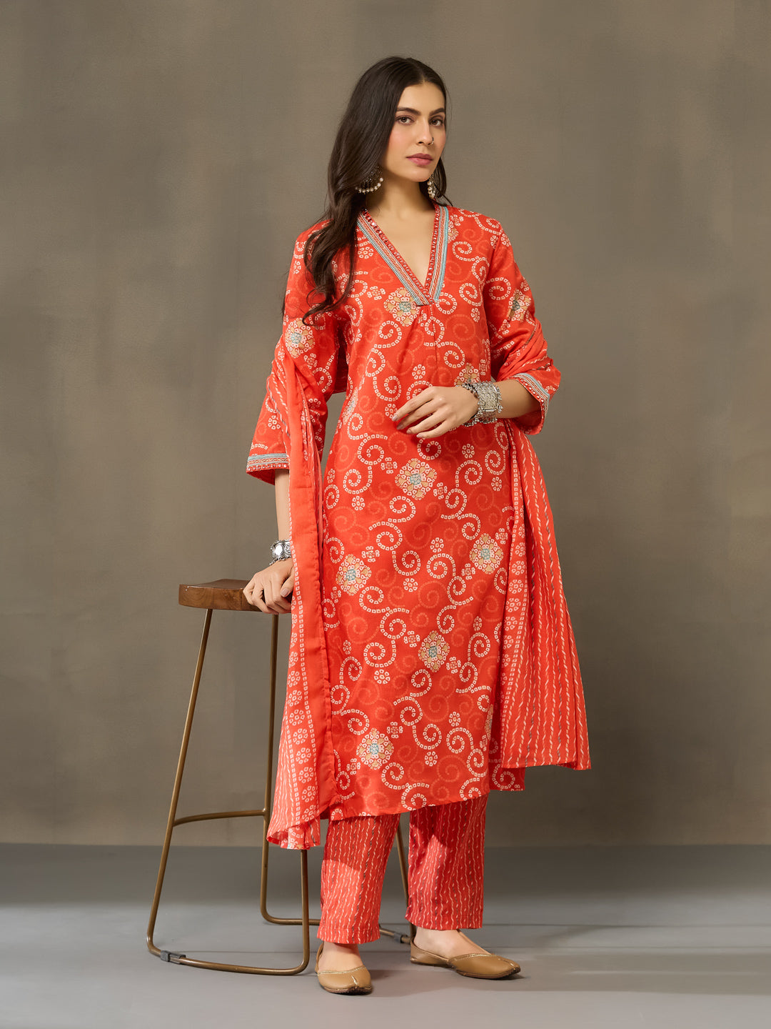 VASVI Cotton Printed Embroidered Neckline Straight Kurta Pant with Dupatta, Orange