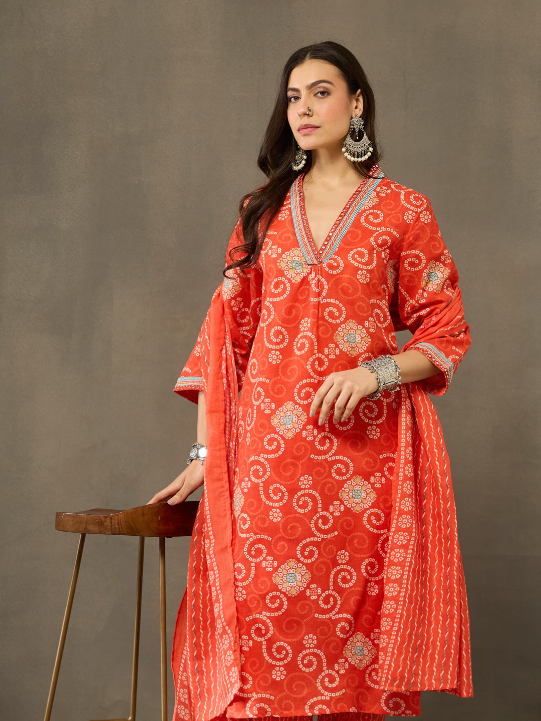 VASVI Cotton Printed Embroidered Neckline Straight Kurta Pant with Dupatta, Orange