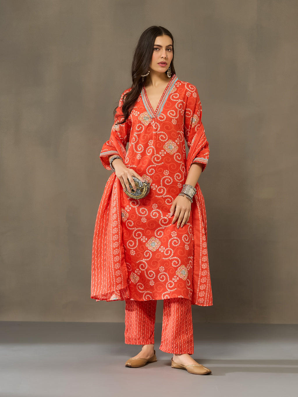 VASVI Cotton Printed Embroidered Neckline Straight Kurta Pant with Dupatta, Orange