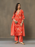 VASVI Cotton Printed Embroidered Neckline Straight Kurta Pant with Dupatta, Orange