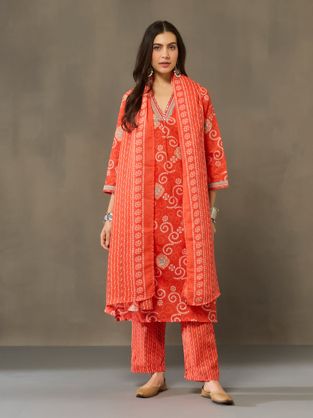 VASVI Cotton Printed Embroidered Neckline Straight Kurta Pant with Dupatta, Orange