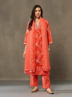 VASVI Cotton Printed Embroidered Neckline Straight Kurta Pant with Dupatta, Orange