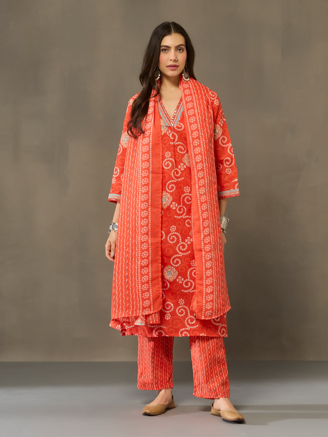 VASVI Cotton Printed Embroidered Neckline Straight Kurta Pant with Dupatta, Orange