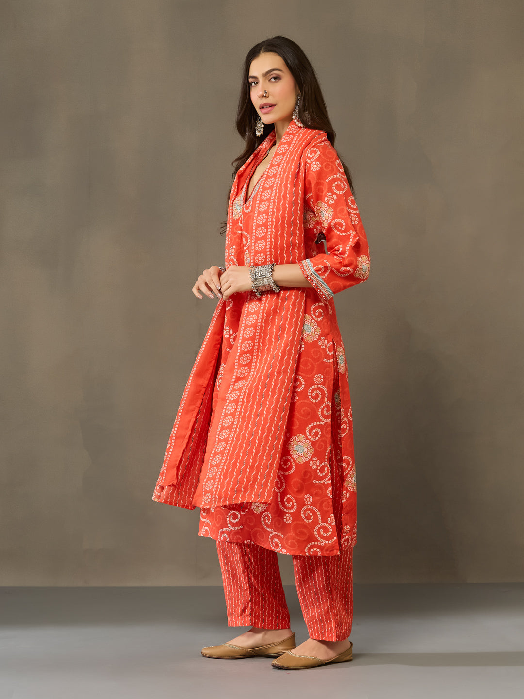 VASVI Cotton Printed Embroidered Neckline Straight Kurta Pant with Dupatta, Orange