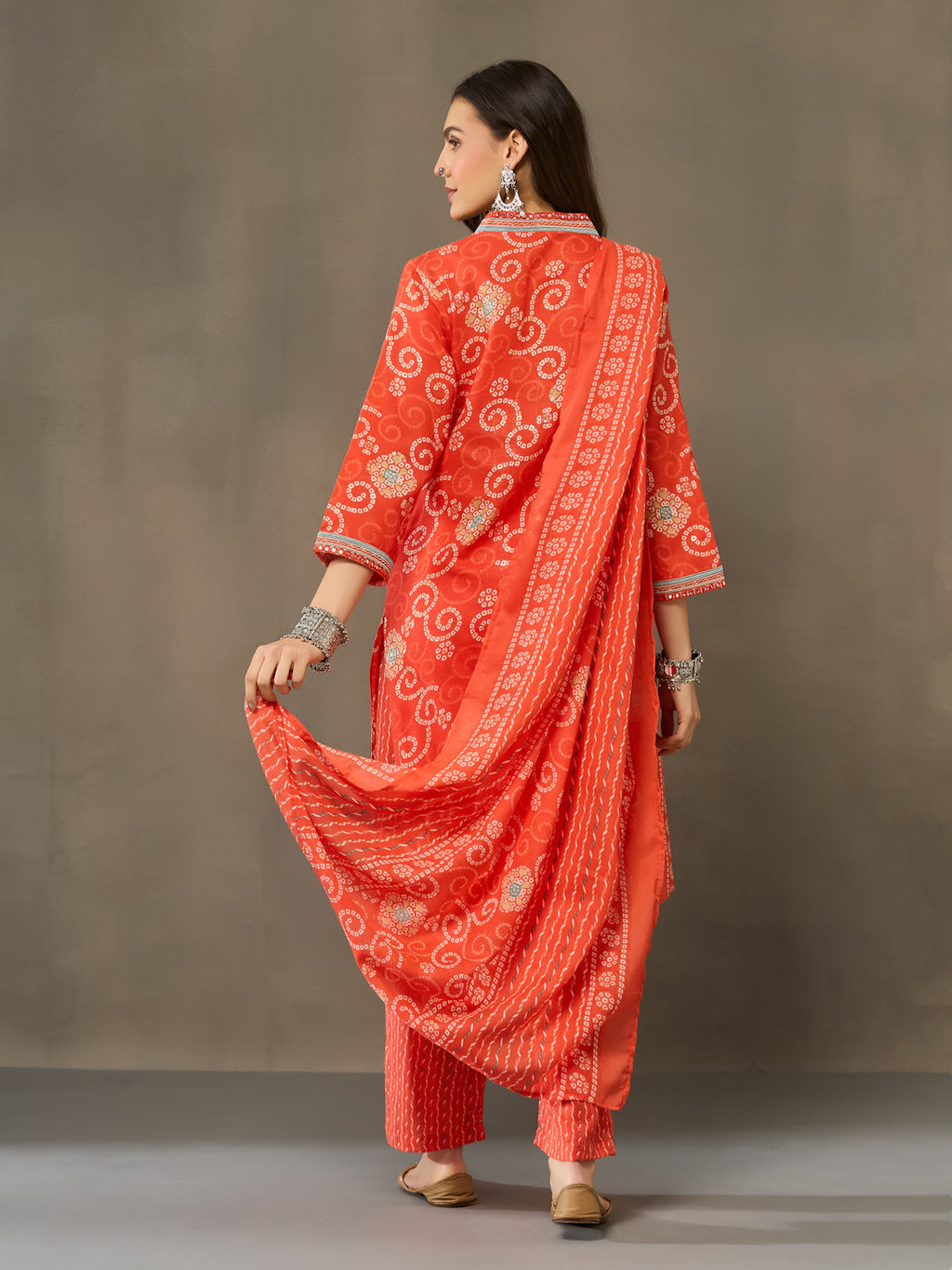 VASVI Cotton Printed Embroidered Neckline Straight Kurta Pant with Dupatta, Orange
